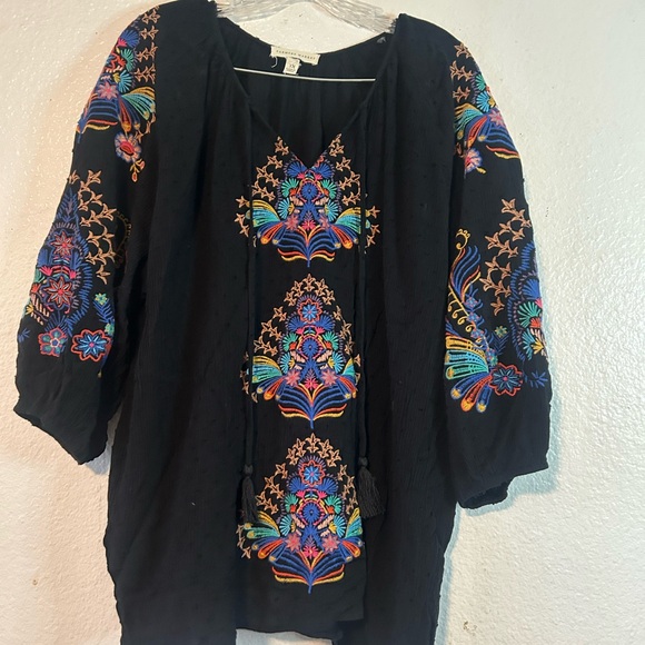 Farmers Market 3x Vibrant Floral Embroidered Black Boho Tunic Festival - Picture 3 of 16